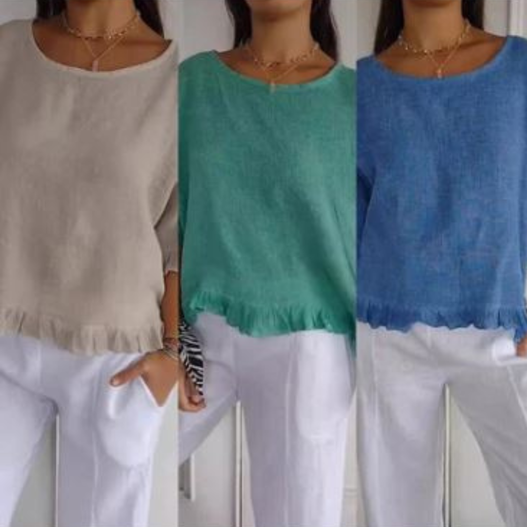 CHLOE™ | Ronde Hals Geruffeld Hem Mid-mouwen Katoen en Linnen Top